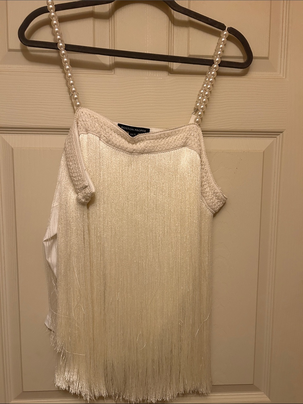 Boston Proper Ivory Pearl-Strap Fringe Camisole